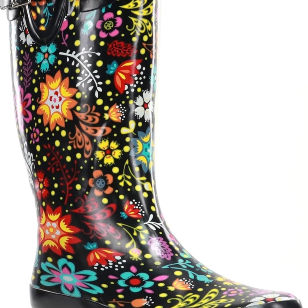 Capelli  Women's Black Floral Waterproof Rain Boots - Colorful Pattern